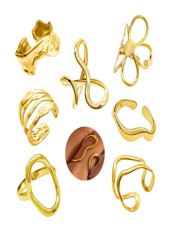 Kysppreu Gold Chunky Rings for Women Asymmetrical Wavy Curve Thumb Ring Irregular Thick Open Statement Rings Adjustable Stainless Steel Flower Finger Rings Non Tarnish - Image 1